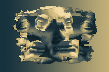 Collage with antique sculpture of human face in surreal style. Modern creative concept image with ancient statue head. Zine culture. Contemporary art poster. Funky punk minimalism. Unusual design.