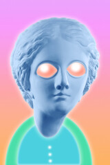 Colorful funky poster with unusual weird alien with huge glowing eyes. Looking like an antique Venus. UFO, space, extraterrestrial civilization. Surreal template for dj, fashion, music, punk culture.