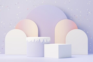 3d render of Beauty podium with Very Peri color of the year 2022 design for product presentation and advertising. Minimal pastel sky and Dreamy land scene. Romance concept.