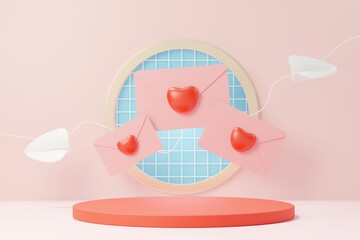 3d render minimal sweet scene with display podium for mock up and product brand presentation. Pink Pedestal stand for Valentine's Day's theme. Cute lovely heart background. Love day's design style.