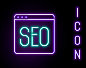 Glowing neon line SEO optimization icon isolated on black background. Colorful outline concept. Vector