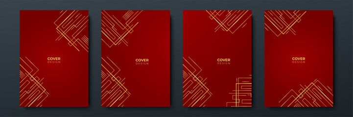 Modern red and gold cover frame design set. Luxury wave pattern with golden line. Vector collection background. Background for cover, business background, brochure, invitation, wedding, business card