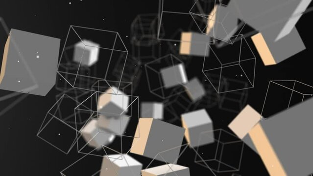 Abstract flying cubes chaotic form of low poly in empty space.