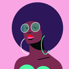 vector image of a beautiful black woman with a voluminous hairstyle, in bright sunglasses, beautiful lips and eyes in trendy colors. useful for print, posters, advertising, hairdressing, beauty salons