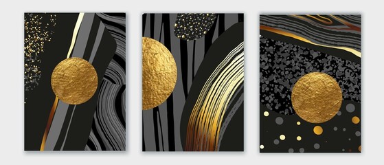 Elegant abstract wall art triptych. Composition in black, white, grey, gold. Space, planet concept. Stones shapes.
