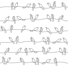 Abstract birds on branches seamless pattern in continuous one line drawing style.