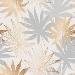 Fototapeta premium Abstract exotic leaf line art, silhouette on luxury gray color background