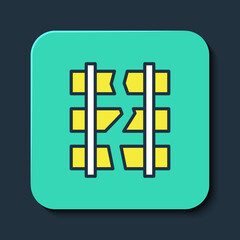 Filled outline Broken or cracked rails on a railway icon isolated on blue background. Turquoise square button. Vector