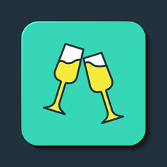 Filled outline Glass of champagne icon isolated on blue background. Merry Christmas and Happy New Year. Turquoise square button. Vector