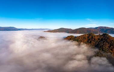 Fog among peaks of high autumn mountains with forests