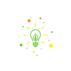 Green contour of shining electric light bulb with green leaf. Isolated on White. Flat outline icon. Vector