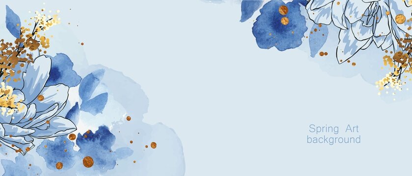 Luxury abstract art botanical composition. Spring minimal design in blue and golden shades. Watercolor flowers