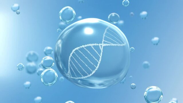 Clean transparent water drop and revolving DNA Helix on blue bubble background. 3D animation loop concept for medical healthcare, social freezing, covid-19 vaccine femtech and artificial fertilization