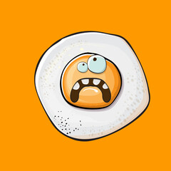 Vector cartoon fried egg character isolated on orange background. Perfect fried egg for good morning concept illustration. Funky cartoon egg character for printing on tee, menu and food poster