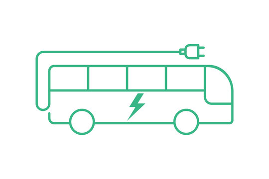 Green electric bus line icon. Sustainable energy sources. E-bus outline with lightning bolt. Battery powered transportation. Bus with charging plug. Zero emission. Vector illustration, flat, clip art