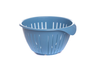 empty plastic blue colander on white isolated background