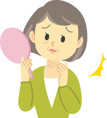 イラスト素材：シニア女性が首に出来たシワに悩む姿　上半身
