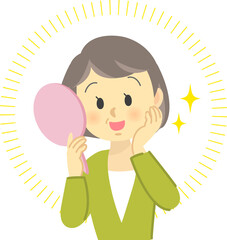 イラスト素材：シニア女性が若返った姿を鏡で見て喜ぶ姿　上半身
