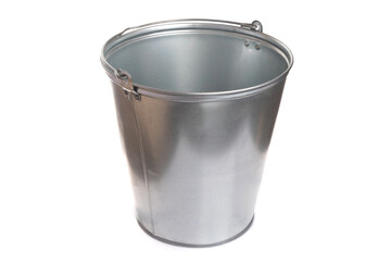 empty galvanized metal bucket on white background