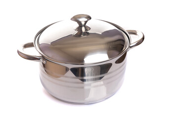 empty metal saucepan with lid on white background