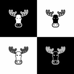 Set Moose head with horns icon isolated on black and white background. Vector