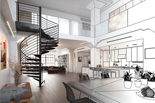 Modern Mansarde Apartment with Spiral Stairs & Furnitures (draft) - 3d Visualization