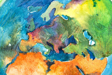 Watercolor map of Europe and Africa. Aquarelle illustration
