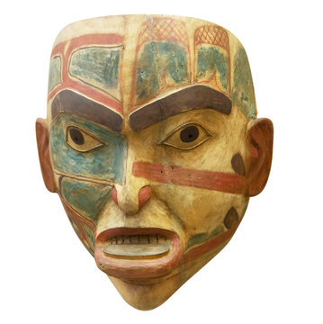 recommend clip art: A lively wooden carving face on a totem pole by ancient native indian american, Victoria, British Columbia, Canada isolated on white background with clipping path