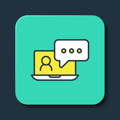 Filled outline Video chat conference icon isolated on blue background. Online meeting work form home. Remote project management. Turquoise square button. Vector