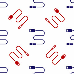 Blue and red Audio jack icon isolated seamless pattern on white background. Audio cable for connection sound equipment. Plug wire. Musical instrument. Vector