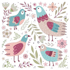 Seamless pattern with birds. Seamless pattern with cartoon chickens. Ethnic birds in gentle colors. Easter illustration
