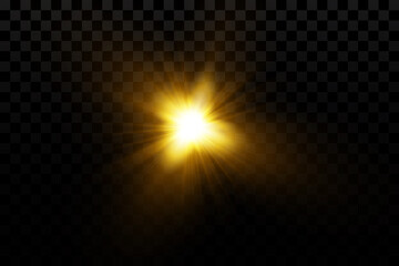 Light effect. Golden bright star, yellow sun. Starlight.