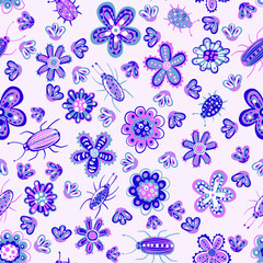 Fototapeta premium Cute hand drawn seamless pattern with stylized bugs, cockroaches and flowers. Children's drawing with insects and plants for printing on fabrics and paper