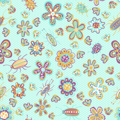 Cute hand drawn seamless pattern with stylized bugs, cockroaches and flowers. Children's drawing with insects and plants for printing on fabrics and paper