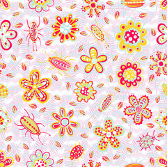 Cute hand drawn seamless pattern with stylized bugs, cockroaches and flowers. Children's drawing with insects and plants for printing on fabrics and paper