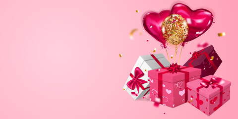 Vector illustration for Valentine's Day with helium balloons, small blurry pieces of serpentine and several red and white gift boxes with ribbons, bows and pattern of hearts, on pink background
