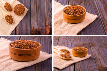 set of Brown flax seeds or flax seed in a small bowl on sacking