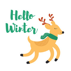 Festive handwritten lettering with cute deer. Vector illustration isolated on white background.