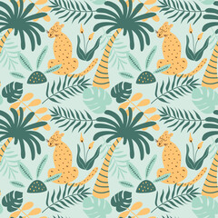 Leopard jungle pattern. Summer tropical palm leaves, wild animal background. Large leaves. Safari animal print. Cute leopard. Wildlife graphic illustration.