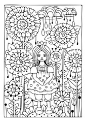 Coloring page. A girl in a dress stands in a magical flower garden.