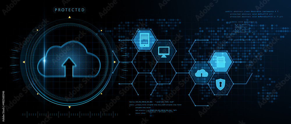 Aufkleber creative wide perspective glowing cloud computing hologram on blue background. database and storage 