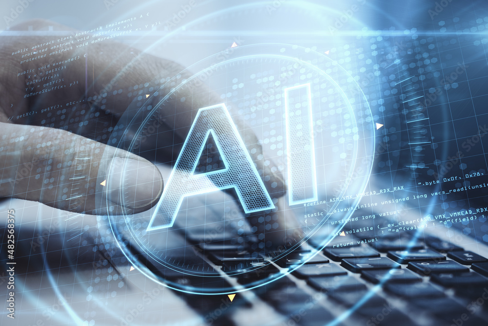 Poster Close up of hand using laptop with glowing AI hologram on blurry background. Artificial intelligence, innovation and science concept. Double exposure.
