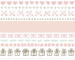 Seamless romantic hand-drawn pattern for Valentines Day. Vector set of light pink and blue holiday vector icons