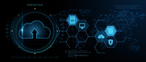 Creative wide perspective glowing cloud computing hologram on blue background. Database and storage concept. 3D Rendering.