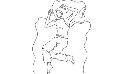 One continuous line.Woman sleeps on a pillow under a blanket.Sleeping man sees dreams. Sleeping in bed.Continuous line drawing.Lineart isolated white background.