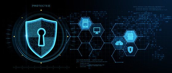 Wide glowing keyhole shield interface on blurry background. Protection, safety and technology concept. 3D Rendering.