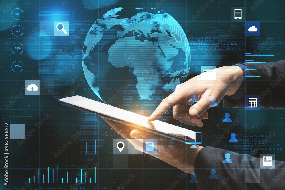 Poster close up of businessman hand pointing at creative glowing globe hologram grid interface on blurry ba