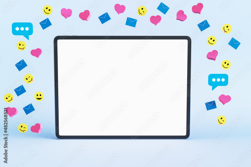 Poster Close up of empty white mock up tablet screen with colorful social media icons on light background. Communication, follow and connection concept. 3D Rendering.