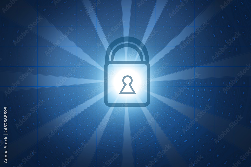 Poster Creative glowing padlock on coding background. Digital safety, security, antivirus and protection concept. 3D Rendering.
