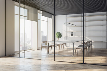 Contemporary conference room interior with window and city view, glass partition, wooden flooring and daylight. Workplace concept. 3D Rendering.